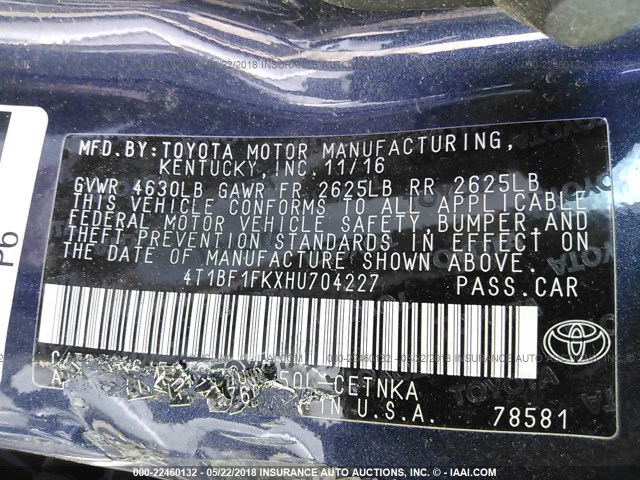 4T1BF1FKXHU704227 - 2017 TOYOTA CAMRY LE/XLE/SE/XSE ლურჯი ფოტო 9