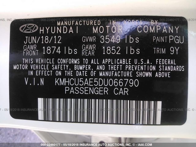 KMHCU5AE5DU066790 - 2013 HYUNDAI ACCENT GLS/SE WHITE photo 9