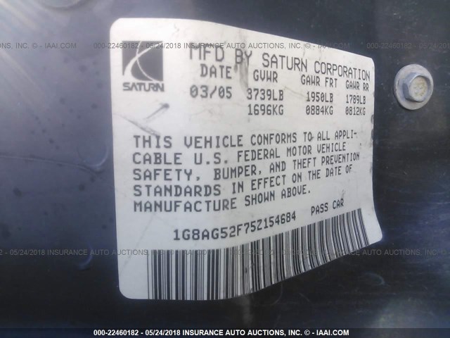 1G8AG52F75Z154684 - 2005 SATURN ION LEVEL 1 BLACK photo 9