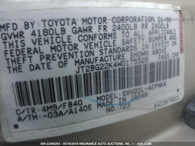 JT2BG22K4W0175528 - 1998 TOYOTA CAMRY CE/LE/XLE 棕色 照片 9