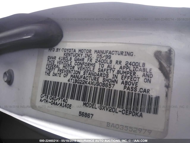 4T1BG22K4XU908657 - 1999 TOYOTA CAMRY CE/LE/XLE 白色 照片 9