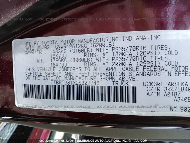 5TBRT381X2S307746 - 2002 TOYOTA TUNDRA ACCESS CAB LIMITED RED photo 9