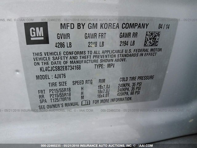 KL4CJCSB2EB734168 - 2014 BUICK ENCORE SILVER photo 9