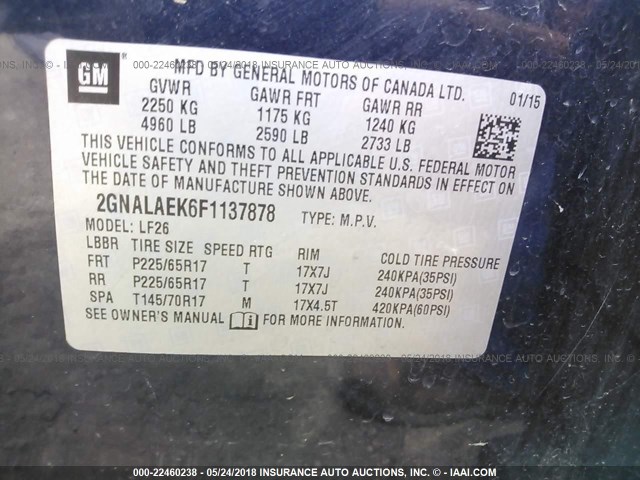 2GNALAEK6F1137878 - 2015 CHEVROLET EQUINOX LS ლურჯი ფოტო 9