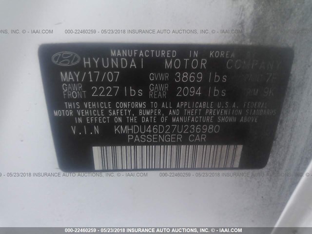 KMHDU46D27U236980 - 2007 HYUNDAI ELANTRA GLS/SE/LIMITED WHITE photo 9