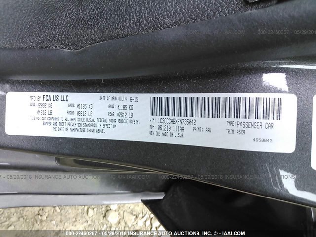 1C3CCCABXFN735042 - 2015 CHRYSLER 200 LIMITED GRAY photo 9