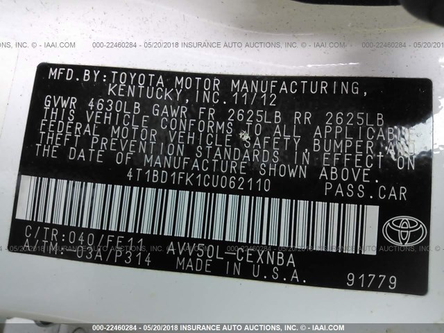 4T1BD1FK1CU062110 - 2012 TOYOTA CAMRY HYBRID/LE/XLE 白色 照片 9