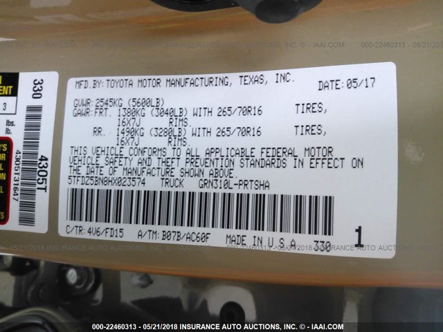 5TFDZ5BN8HX023574 - 2017 TOYOTA TACOMA DBL CAB/SR5/TRD SPORT/OR TAN photo 9