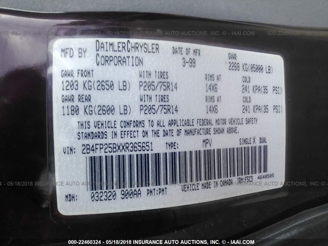 2B4FP25BXXR365651 - 1999 DODGE CARAVAN PURPLE photo 9