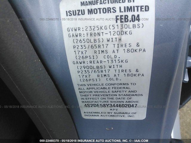 4S2DE58Y344602047 - 2004 ISUZU AXIOM XS Açıq mavi foto 9
