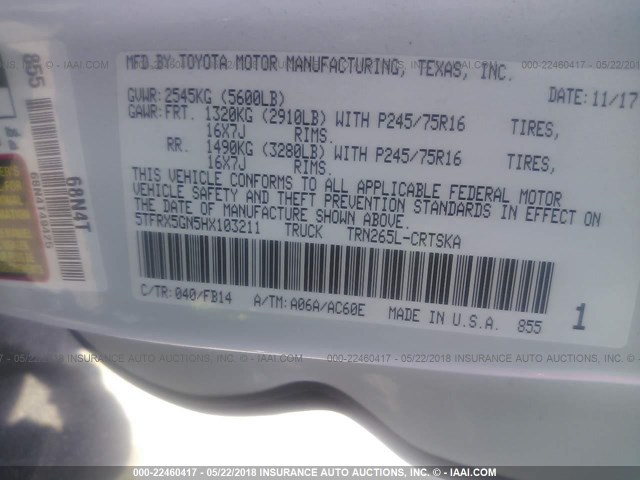 5TFRX5GN5HX103211 - 2017 TOYOTA TACOMA ACCESS CAB/SR/SR5 白色 照片 9