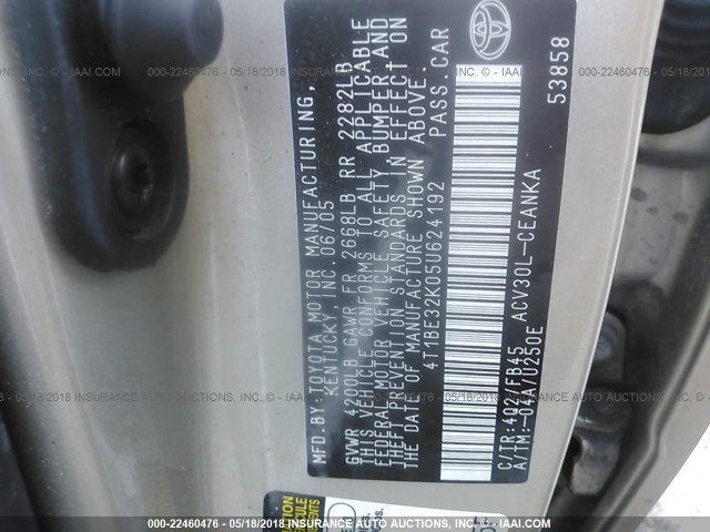 4T1BE32K05U624192 - 2005 TOYOTA CAMRY LE/XLE/SE 金色 照片 9