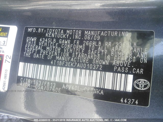 4T1BF3EK7AU010372 - 2010 TOYOTA CAMRY SE/LE/XLE GRAY photo 9