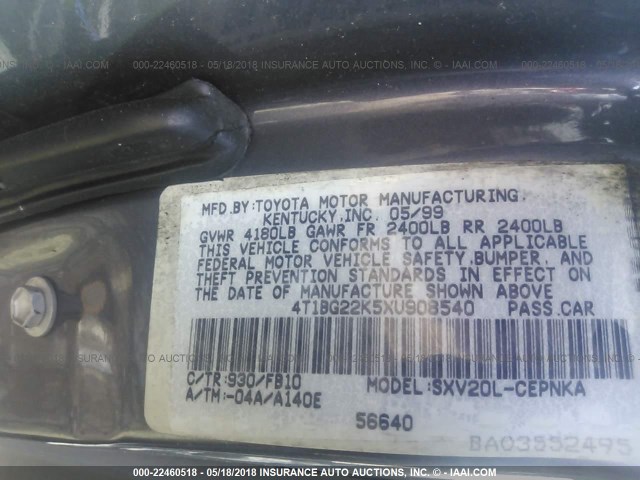 4T1BG22K5XU908540 - 1999 TOYOTA CAMRY CE/LE/XLE GRAY photo 9