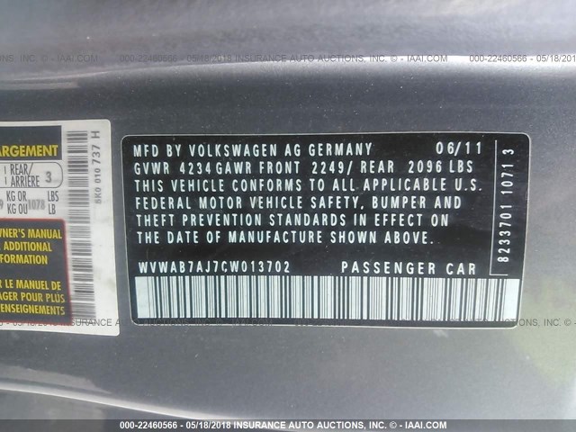 WVWAB7AJ7CW013702 - 2012 VOLKSWAGEN GOLF 灰色 照片 9