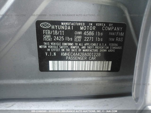 KMHEC4A42BA001228 - 2011 HYUNDAI SONATA HYBRID GRAY photo 9