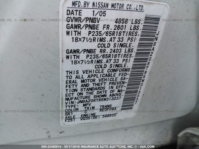 JN8AZ08T65W313037 - 2005 NISSAN MURANO SL/SE/S WHITE photo 9