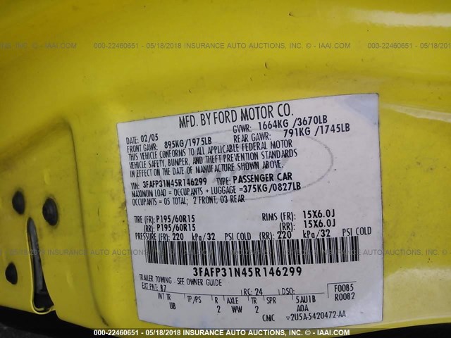 3FAFP31N45R146299 - 2005 FORD FOCUS ZX3 YELLOW photo 9