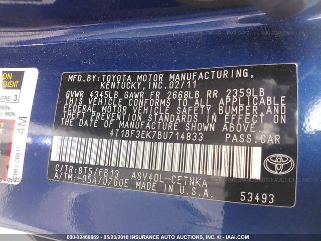 4T1BF3EK7BU714833 - 2011 TOYOTA CAMRY SE/LE/XLE ლურჯი ფოტო 9