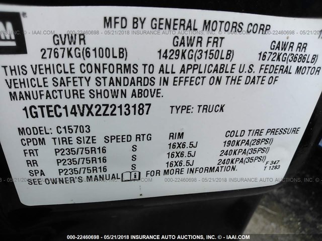 1GTEC14VX2Z213187 - 2002 GMC NEW SIERRA C1500 BLUE photo 9