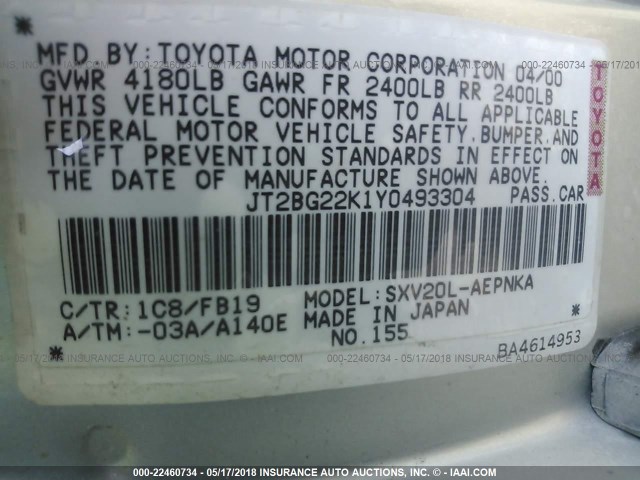 JT2BG22K1Y0493304 - 2000 TOYOTA CAMRY CE/LE/XLE 银色 照片 9