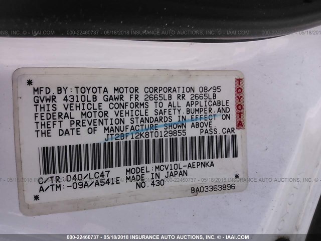 JT2BF12K8T0129855 - 1996 TOYOTA CAMRY LE/XLE/SE თეთრი ფოტო 9