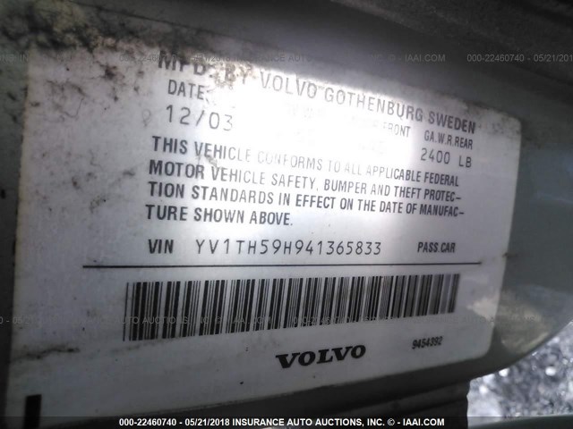 YV1TH59H941365833 - 2004 VOLVO S80 2.5T SILVER photo 9