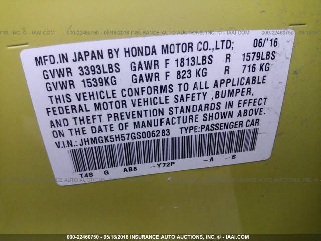 JHMGK5H57GS006283 - 2016 HONDA FIT LX YELLOW photo 9