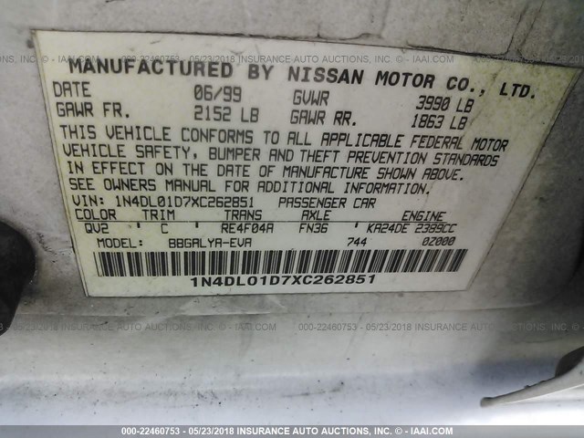 1N4DL01D7XC262851 - 1999 NISSAN ALTIMA XE/GXE/SE/GLE WHITE photo 9