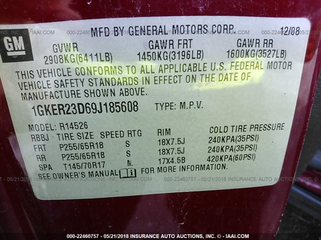 1GKER23D69J185608 - 2009 GMC ACADIA SLT-1 Rojo foto 9