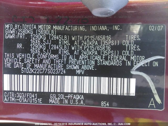 5TDZK22C77S023724 - 2007 TOYOTA SIENNA XLE/XLE LIMITED MAROON photo 9