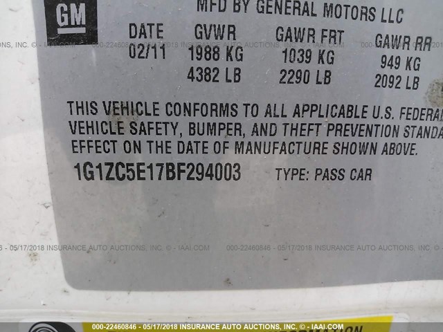 1G1ZC5E17BF294003 - 2011 CHEVROLET MALIBU 1LT WHITE photo 9