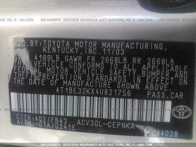 4T1BE32KX4U821756 - 2004 TOYOTA CAMRY LE/XLE/SE თაფლისფერი ფოტო 9