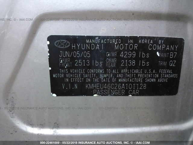 KMHEU46C26A101123 - 2006 HYUNDAI SONATA GLS/LX GOLD photo 9