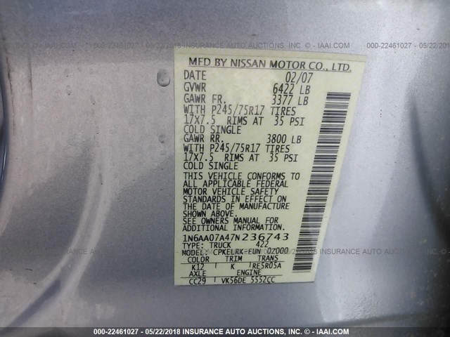 1N6AA07A47N236743 - 2007 NISSAN TITAN XE/SE/LE SILVER photo 9