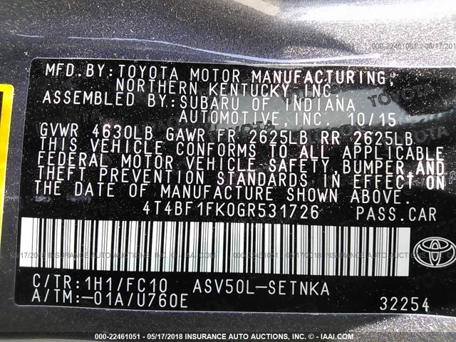 4T4BF1FK0GR531726 - 2016 TOYOTA CAMRY LE/XLE/SE/XSE GRAY photo 9