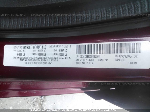 1C3CCBBB1DN635708 - 2013 CHRYSLER 200 TOURING MAROON photo 9