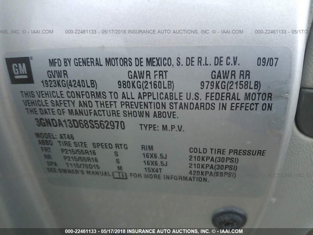 3GNDA13D68S562970 - 2008 CHEVROLET HHR LS SILVER photo 9