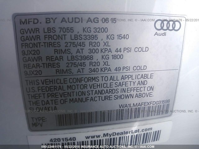 WA1LMAFEXFD031598 - 2015 AUDI Q7 TDI/PREMIUM PLUS WHITE photo 9