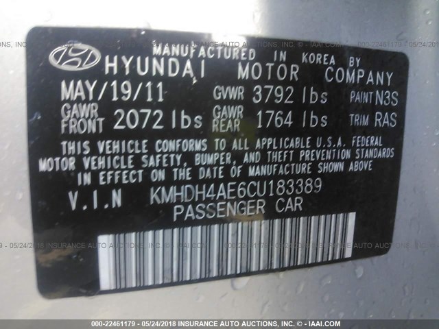 KMHDH4AE6CU183389 - 2012 HYUNDAI ELANTRA GLS/LIMITED SILVER photo 9