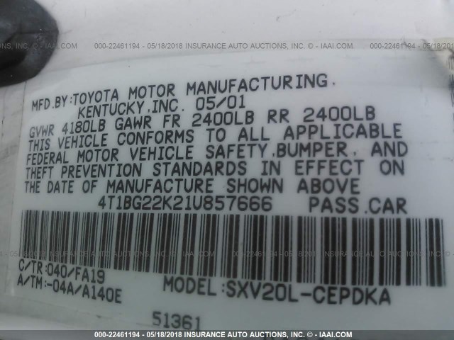 4T1BG22K21U857666 - 2001 TOYOTA CAMRY CE/LE/XLE თეთრი ფოტო 9