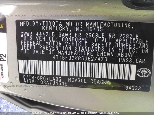 4T1BF32K86U627470 - 2006 TOYOTA CAMRY LE/XLE/SE ნაცრისფერი ფოტო 9