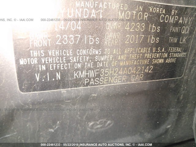 KMHWF35H24A042142 - 2004 HYUNDAI SONATA GLS/LX GRAY photo 9