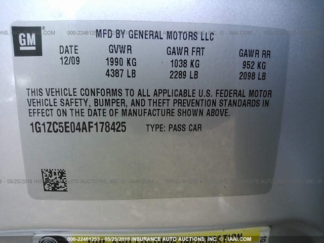 1G1ZC5E04AF178425 - 2010 CHEVROLET MALIBU 1LT 银色 照片 9