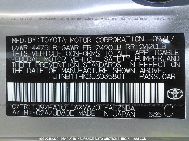 JTNB11HK2J3035801 - 2018 TOYOTA CAMRY L/LE/XLE/SE/XSE SILVER photo 9