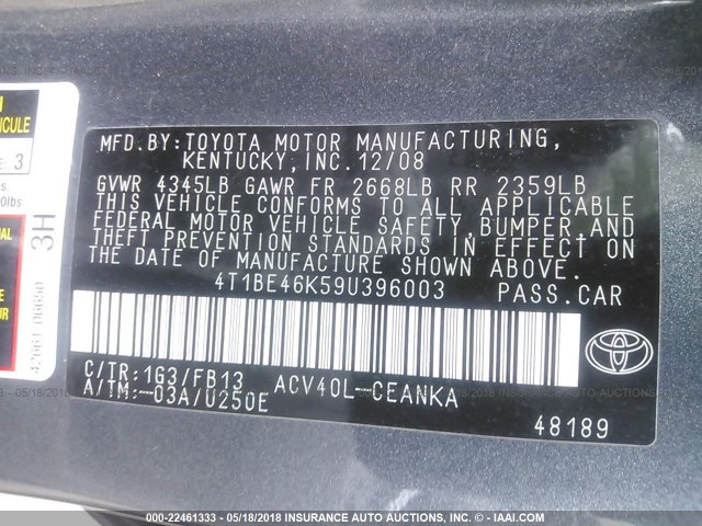 4T1BE46K59U396003 - 2009 TOYOTA CAMRY SE/LE/XLE GRAY photo 9