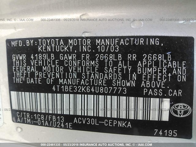 4T1BE32K64U807773 - 2004 TOYOTA CAMRY LE/XLE/SE 银色 照片 9