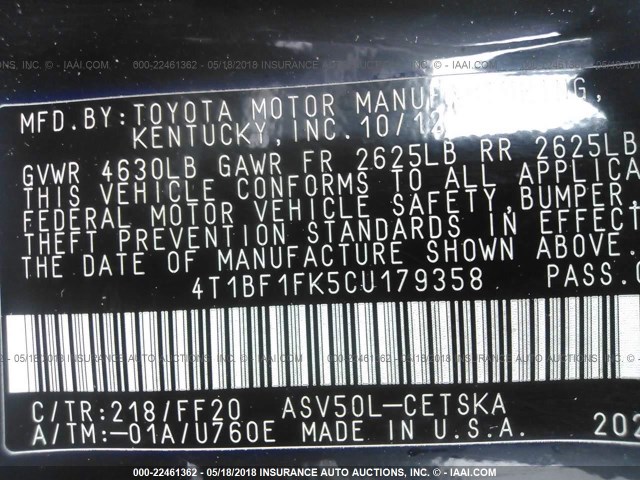 4T1BF1FK5CU179358 - 2012 TOYOTA CAMRY SE/LE/XLE BLACK photo 9