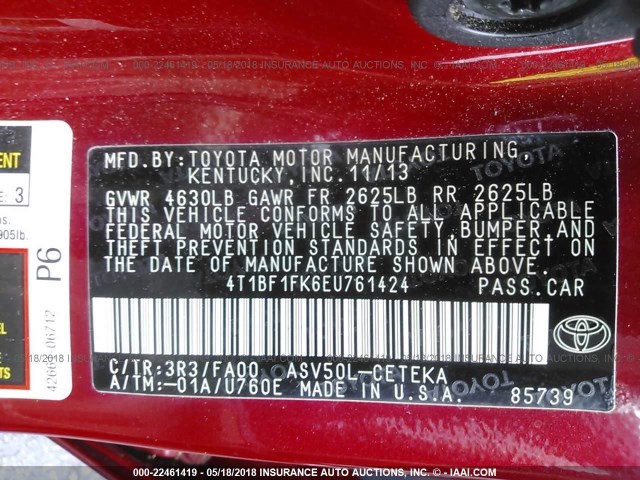 4T1BF1FK6EU761424 - 2014 TOYOTA CAMRY L/SE/LE/XLE RED photo 9