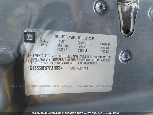 1G1ZS58F97F316634 - 2007 CHEVROLET MALIBU LS 灰色 照片 9